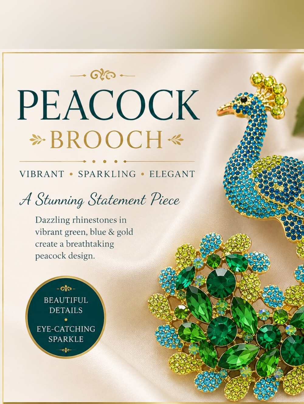 Blue & Green Rhinestone Peacock Brooch Pin – Gold Tone Crystal Statement Jewelry